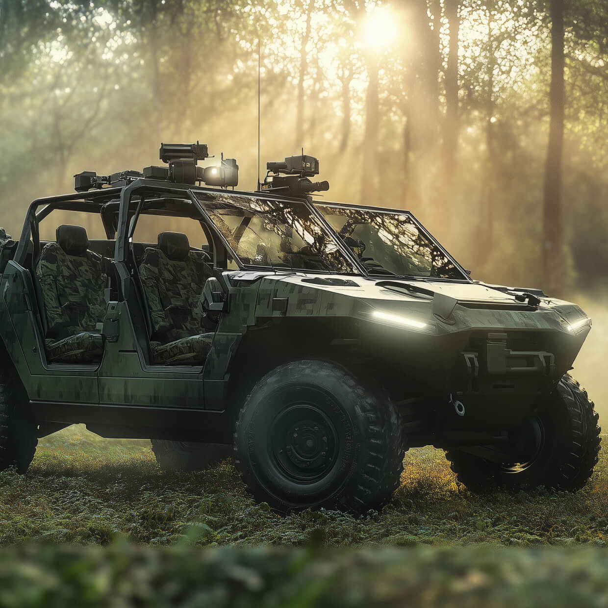 A rugged, camouflaged all-terrain vehicle equipped with advanced tech gear and military-style features is parked in a sunlit forest. The light filters through the trees, creating a serene yet tactical atmosphere.