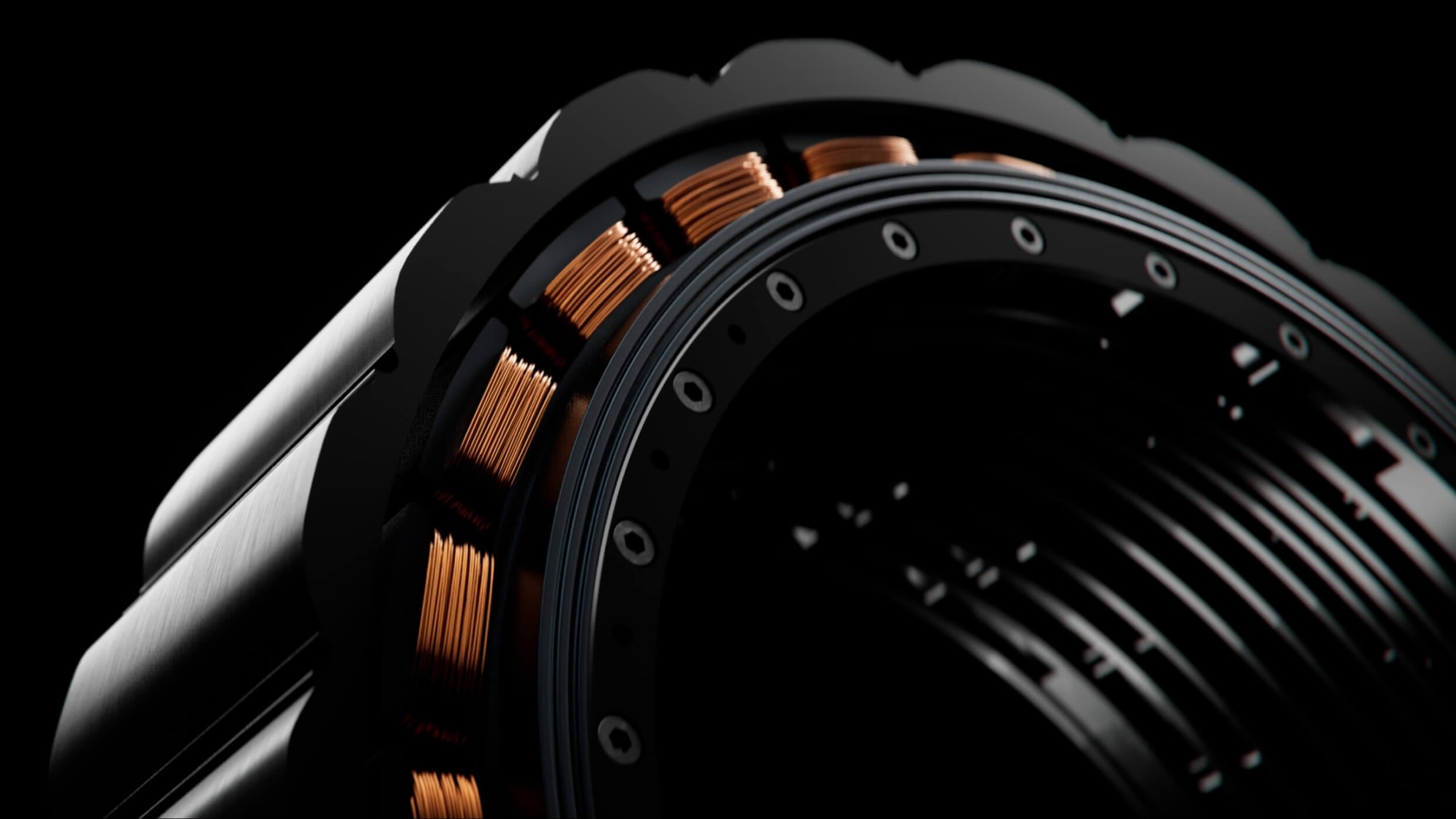 Close-up of a mechanical component with copper coils and a circular metallic structure against a dark background, highlighting the intricate engineering details.
