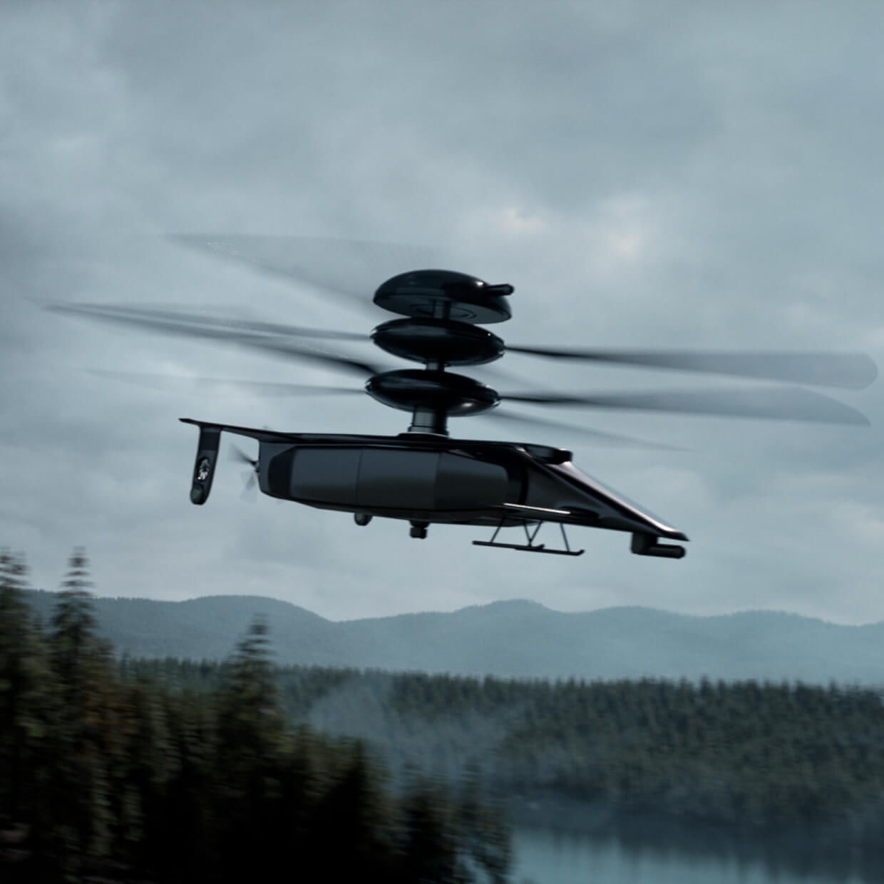A futuristic drone with a sleek design flies above a dense forest, with mountains in the background under a cloudy sky.