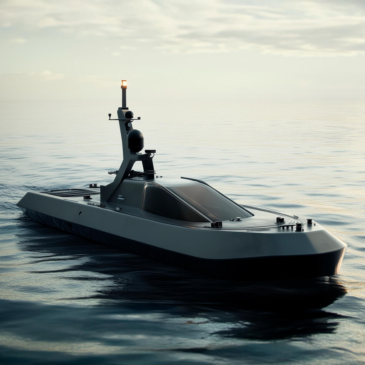 A sleek, modern unmanned surface vessel navigates calm ocean waters under a cloudy sky, equipped with advanced sensors and technology for surveillance. The vessel's streamlined design reflects light off the water.