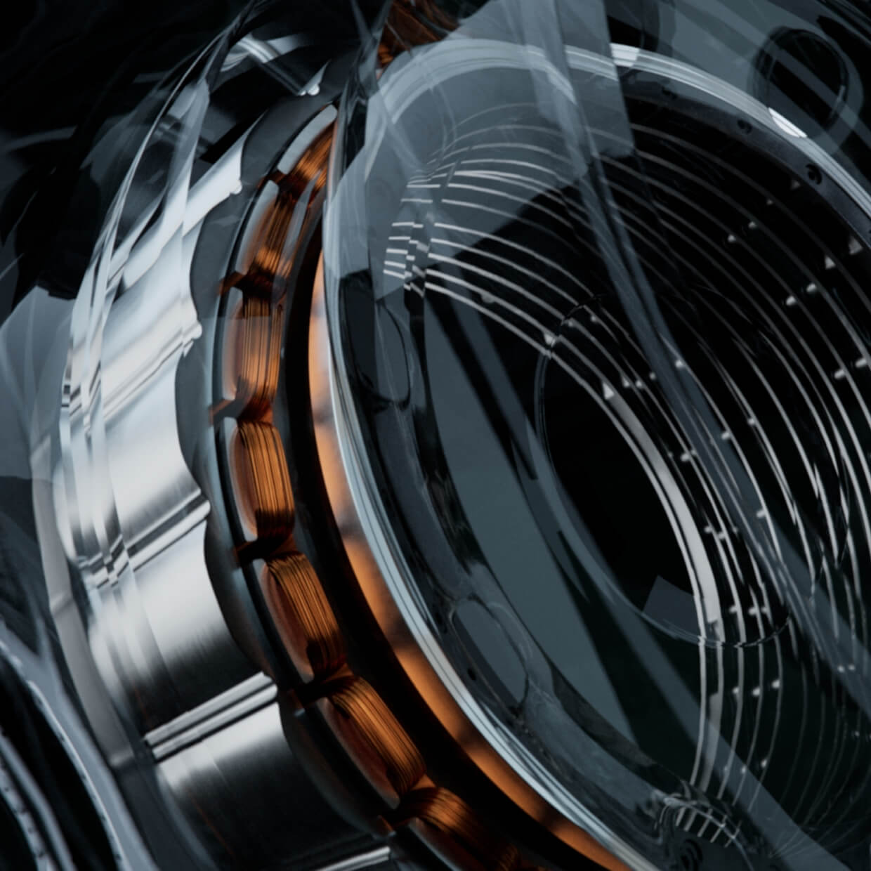 Close-up image of an intricate mechanical component featuring metal coils and circular layers. The design includes copper elements and reflective surfaces, creating a complex industrial appearance with a mix of metallic and dark tones.