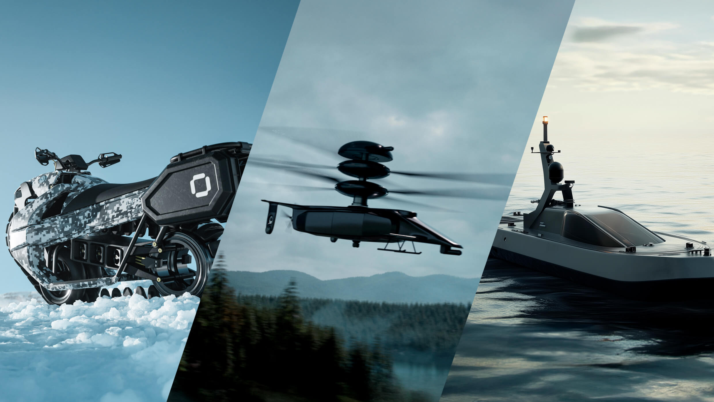 A triptych image showcasing futuristic transportation: a snow-covered terrain vehicle, a flying drone against a cloudy sky over a forest, and a sleek, modern boat navigating a calm body of water.