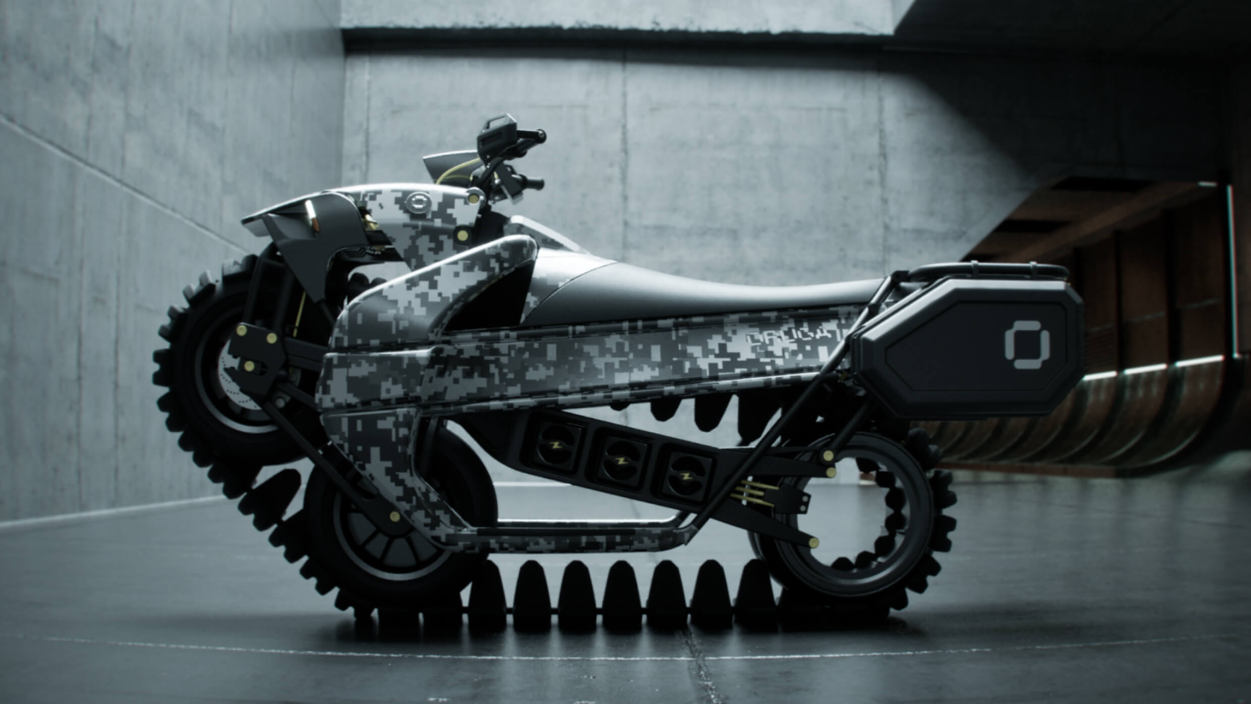 A futuristic motorcycle with a sleek design and gray digital camouflage pattern is parked indoors on a smooth, dark surface. The bike features unique, gear-like wheels and an angular frame.