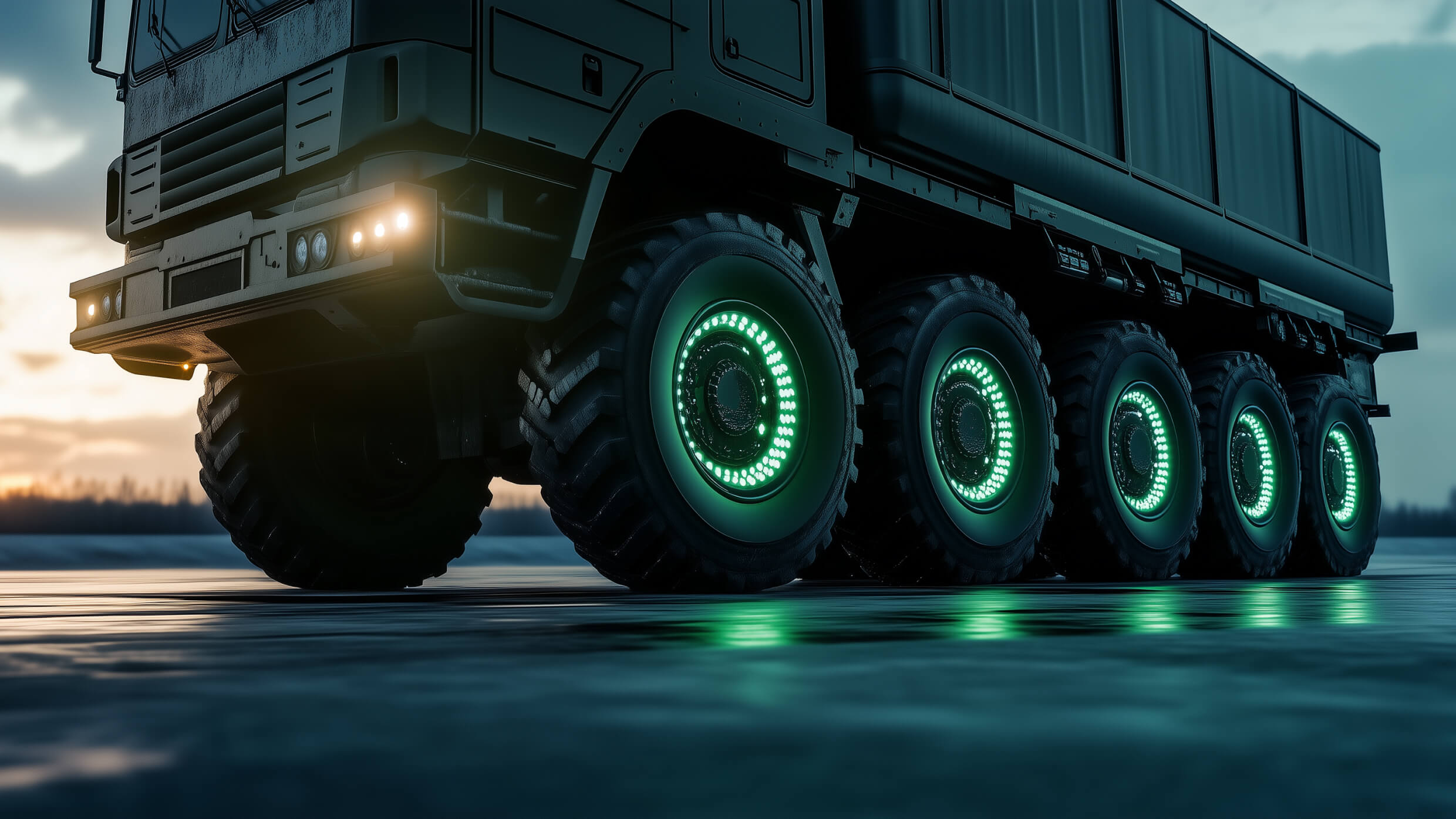 A low-angle view of a large military truck with glowing green lights on its eight wheels. The scene is set on a flat surface at dusk, with a blurred landscape in the background. The truck appears rugged and designed for off-road conditions.