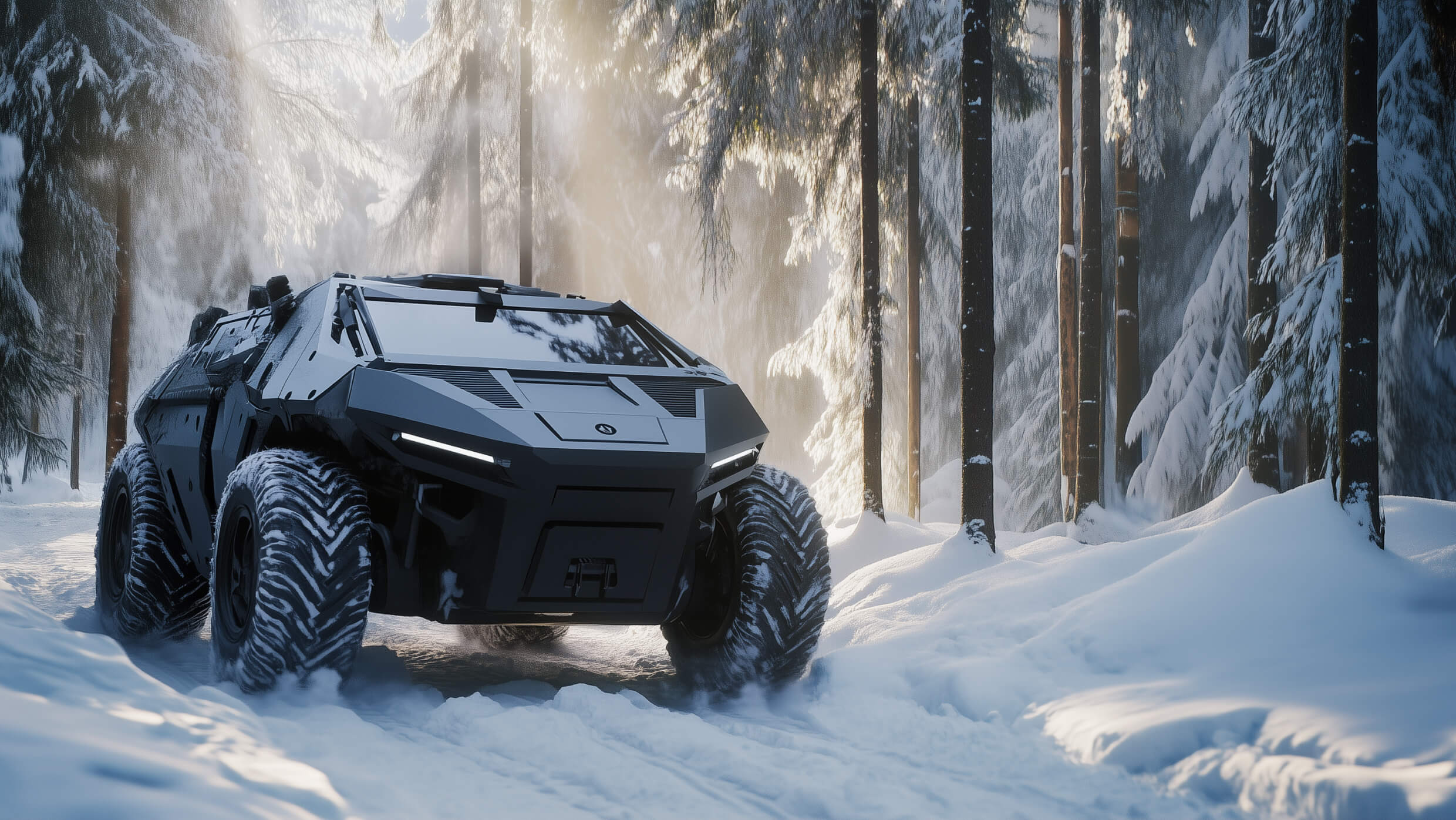 A futuristic armored vehicle with large tires drives through a snowy forest. Sunlight filters through the trees, highlighting the vehicle's matte black exterior and the snow-covered path.