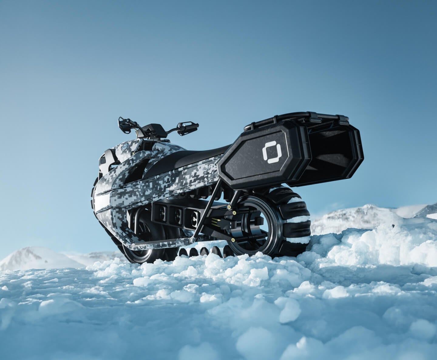 A futuristic snowmobile with a sleek, angular design and camo pattern stands on a snowy landscape under a clear blue sky. Its tread shows readiness for icy terrains.