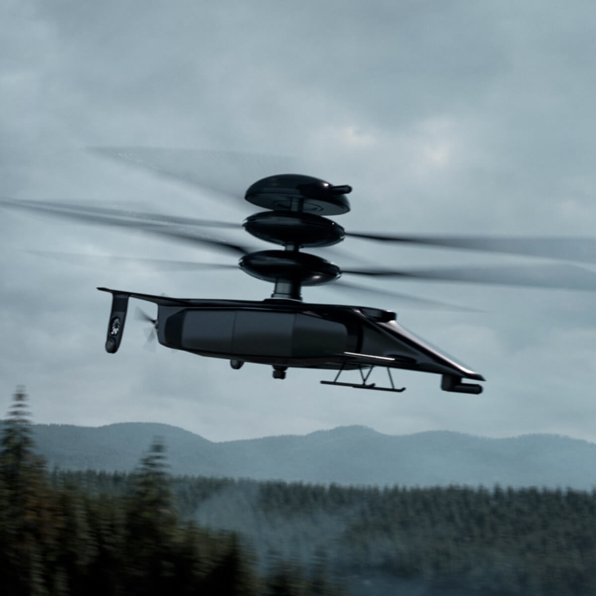 A futuristic drone with a sleek design and multiple rotors flies over a forested area. The sky is cloudy, and the landscape consists of dense trees and rolling hills in the background.