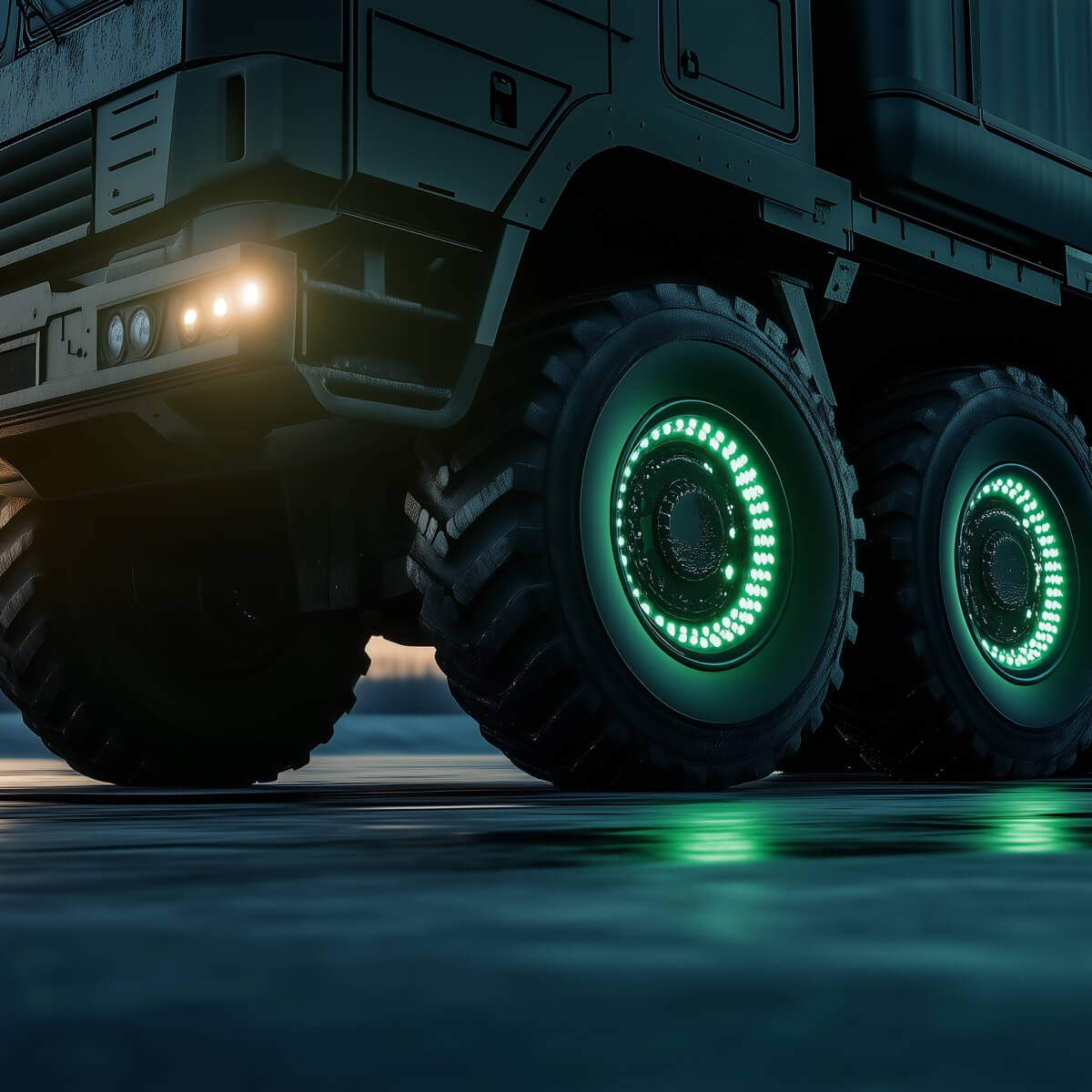 Close-up of a large vehicle's wheels with glowing green lights embedded in the rims. The vehicle appears to be on a wet surface, reflecting the light. The sky in the background suggests it's either early morning or late afternoon.