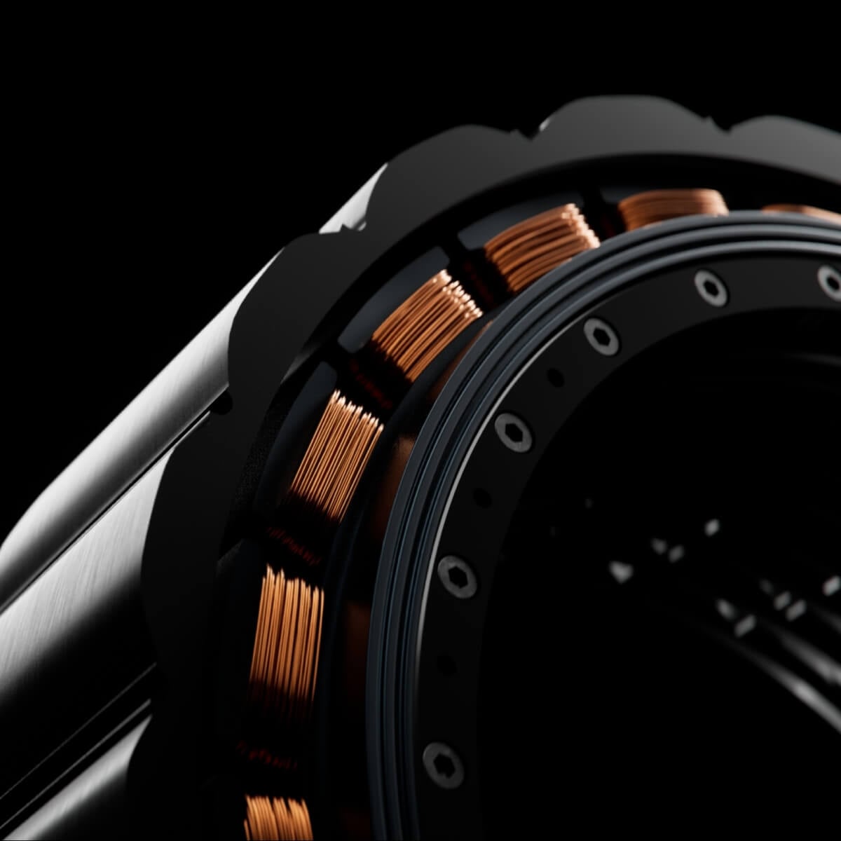 Close-up of a mechanical component featuring copper coils wound around a central structure. The metallic surface has a smooth, polished finish with a series of bolts and a black background, highlighting the intricate engineering detail.
