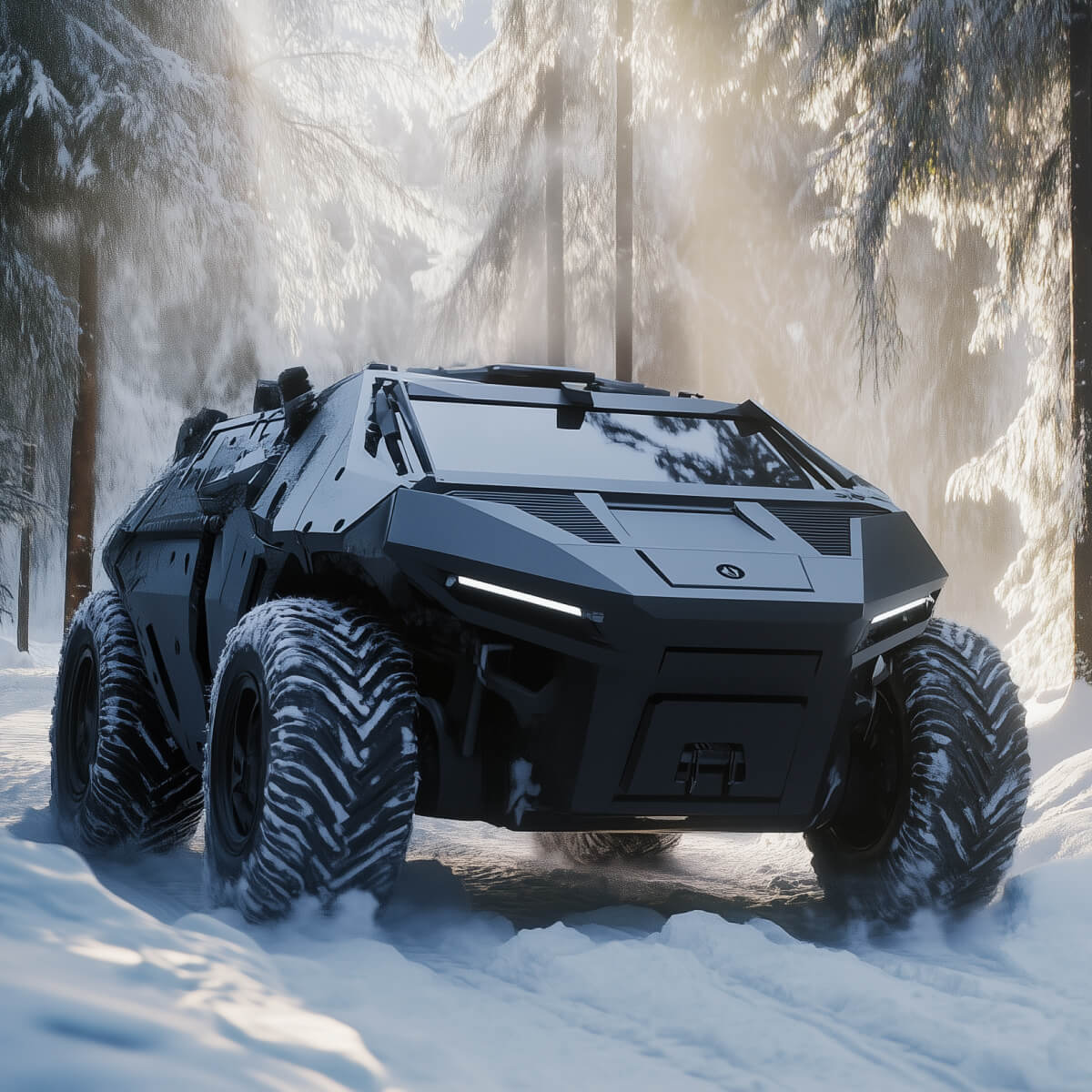 Futuristic, armored vehicle navigating through a snowy forest, with sunlight filtering through the trees. The vehicle has large, rugged tires and a sleek, angular design.